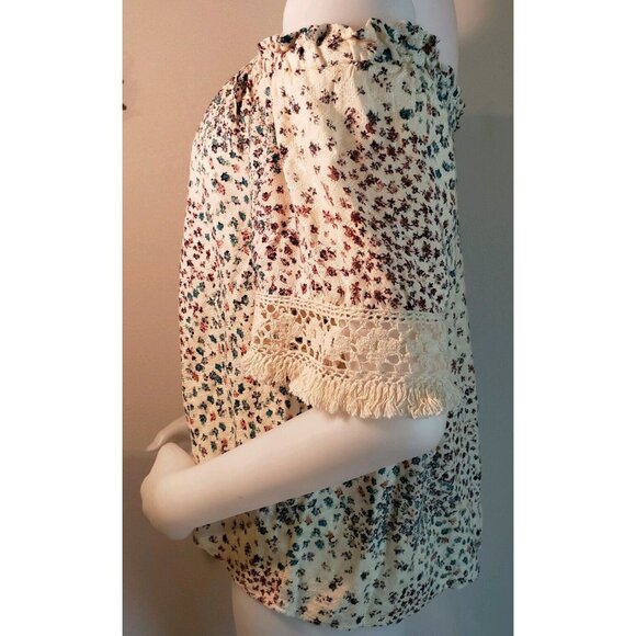 HIP Boho Top Womens L Crochet Fringe Trim Off Shoulder Sheer Floral Blouse - Picture 8 of 12